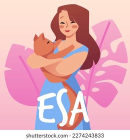 Emotional support animal poster template, flat vector illustration. Happy woman hugging cute cat. Person holding cheerful kitty. ESA assistance concept.