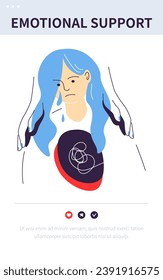 Emotional support - colorful flat design style banner with linear elements. Composition with sad face of a woman and the hands of a professional psychologist maintaining morale. Hole in the soul