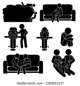 Emotional Support Concept. Depressed Person Comforted by Their Compassionate Friend. Family Sharing Their Problems. Businessman Helping Their Colleague in Trouble. Stick Figure Pictogram Icon