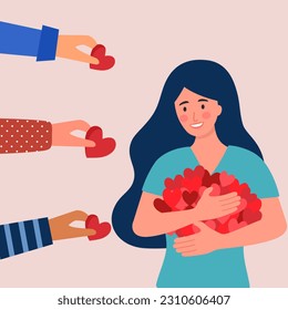 Emotional support concept vector illustration. People give heart to young female in flat design.