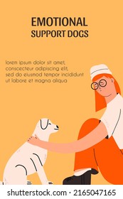 Emotional support dogs template. Girl and pet. Mental positive therapy. Vector illustration 