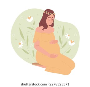 Emotional support during pregnancy 2D vector isolated spot illustration. Pregnant lady with flower crown flat character on cartoon background. Colorful editable scene for mobile, website, magazine