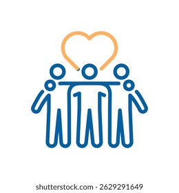 Emotional support friends icon. Vector thin line illustration with editable stroke showing friendship, empathy, connection and group care. Three people hugging with heart