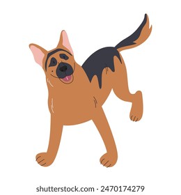 Emotional support illustration with german shepherd breed. Obedience training with big breed dog. Pet concept design. Cute doggie personage isolated on white. Sheepdog hand drawn flat vector character