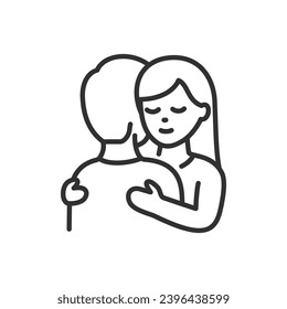 Emotional support, linear icon. People hugging each other. Warmth, support and understanding of another person. Line with editable stroke