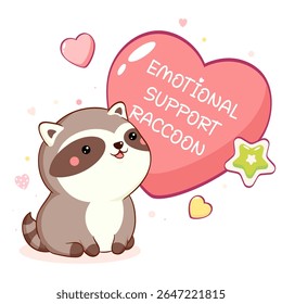 Guaxinim de apoio emocional. Amigável guaxinim com coração. Adorável animal de estimação kawaii. Confiança, ajuda, proteção e conceito de orientação emocional. Cartaz vetorial para berçário, cartão de felicitações, impressão, camiseta infantil