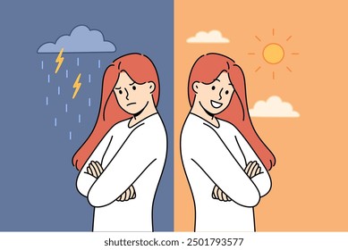 Emotional swing of woman who feels angry during rain and rejoices after sun comes out. Problem of emotional swings and sudden changes in mood in girl who needs help of psychotherapist