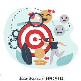 Emotional targeting concept. Man hits target with dart. Advertising emotions settings for target market, audience. Marketing segmentation, customers care and relationship management, CRM