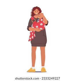 Emotional And Tender Image Captures The Loving Bond Between A Mother Character And Her Baby As She Carries Them Close In A Comfortable And Secure Sling. Cartoon People Vector Illustration