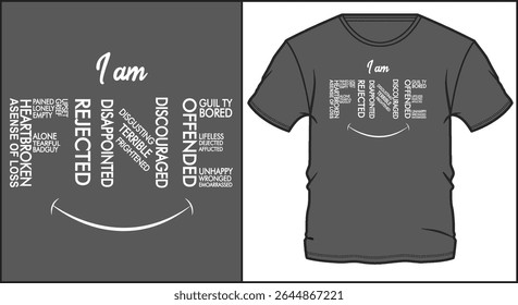 Emotional text typography forming a sad smile shape with negative feelings and phrases for expressive t-shirt design
