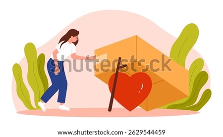 Emotional trap for trusting heart, prey hunting, hazard of feelings and romance, fraud and scam bait. Girl victim with curiosity looking under cardboard box to find love cartoon vector illustration