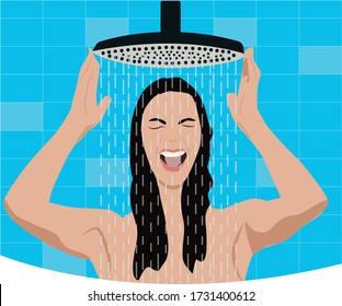 Emotional Turkish woman with black hair takes a contrast shower and screams. Flat illustration of good habits in vector.