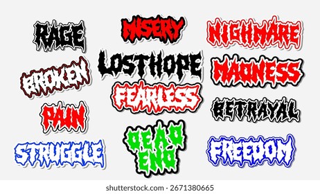 Emotional typography vector set with grunge style custom lettering, perfect for posters, streetwear fashion, stickers, and print apparel