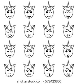 Emotional Unicorn Face Icons on isolated on white background. Coloring page.