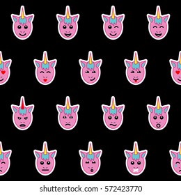 Emotional Unicorn face seamless pattern on isolated on black background. Fairy tale animal wallpaper.