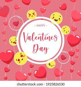 Emotional Valentines day banner. Yellow romantic emoticons with red hearts and joyful grimaces invite you date and confess your love vector.
