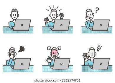 Emotional variations of a boy looking at a laptop computer [Vector illustration].