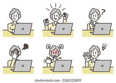 Emotional variations of an elderly woman looking at a laptop computer [Vector illustration].