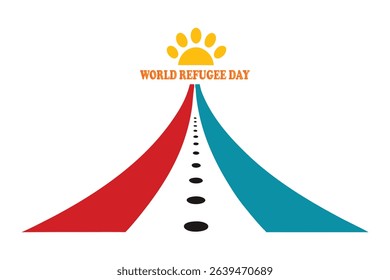 Emotional vector art of a patchwork fabric road with fading footprints leading to a glowing horizon. Symbolic tribute for World Refugee Day, on white background. Ideal for awareness campaigns.