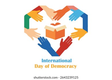 Emotional vector showing hands of various skin tones forming a heart around a ballot box. Celebrates diversity, participation, equality, and universal suffrage. Perfect for civic themes.
