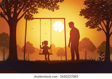 : Emotional vector silhouette of a father watching his daughter on a swing during sunset, symbolizing love, childhood, and family bonding in nature.
