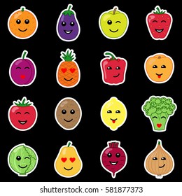Emotional vegetables and fruit icons on black background. Positive face stickers collection.