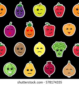 Emotional vegetables and fruit seamless pattern on black background. Positive and negative stickers wallpaper