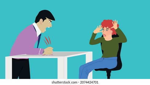 Emotional very stressed boss is yelling at a woman over in front of the office table. Angry business man hits the table with his fist. Aggression and Bullying concept in business