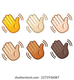 Emotional waving hand hello emoji hand set of various skin tones cute cartoon stylized vector cartoon illustration icons. Isolated on white background.