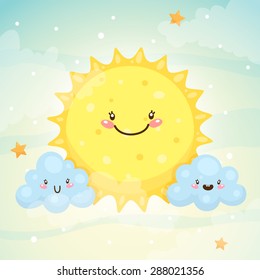 Emotional Weather Forecast: Cute Sun And Happy Clouds, Vector.