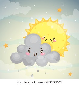 Emotional weather forecast: Rainy cloud and sad Sun, vector.