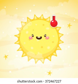 Emotional weather, thermometer with high temperature and happy Sun, children's illustration, vector.