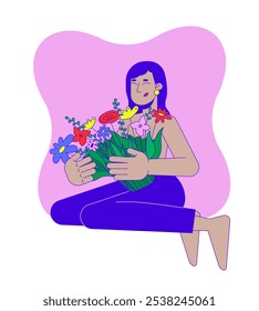 Emotional wellness after breast cancer 2D illustration concept. Thriving survivor indian south asian woman embracing bouquet cartoon character isolated on white. Metaphor abstract flat vector graphic