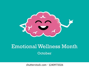 Emotional Wellness Mont vector. Brain cartoon character. Cheerful mind vector illustration. Happy brain icon. Important day