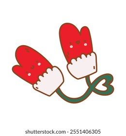 Emotional winter mittens. Kid's mittens with a heart thread. Cute gloves in doodle style. Christmas vector illusrtation on a white background