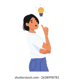 Emotional woman cartoon character with love expression having brilliant idea pointing idea glowing light bulb symbol over head isolated on white. People imagination and creativity vector illustration