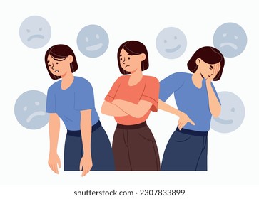 Emotional woman concept. Young girl with different moods. Upset, pensive and dissappointed character. Facial expresssions and emotions, feelings. Cartoon flat vector illustration