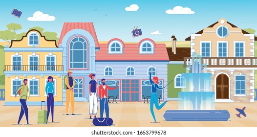 Emotional Woman Guide in Poetic Mood Showing Sights to Group Tourists, Telling Them Interesting Historical Facts about City and Its World Wide Known Landmarks. Young People Visiting New Places.