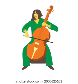 Mujer emocional tocando el violoncelo con ropa verde. Ilustración de carácter vector plano con fondo blanco