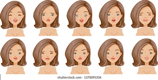 Emotional Woman set. Different female faces. Vector illustration isolated on a white background.