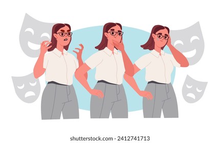 Emotional woman set. Young girls in casual clothes with different emotions. Facial expressions and gestures. Character with passion. Cartoon flat vector collection isolated on white background