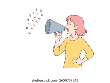 Mulher emocional usando megafone para publicidade ou marketing digital. Feminista falando alto no megafone. Promoção, avanço, conceito de campanha. Ilustrações de design de vetor de estilo desenhado à mão