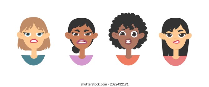 Emotional women emoji. Cartoon style illustration female emoticon. Isolated Hand drawn vector facial expression. Gestures Collection Expressing Different Emotions