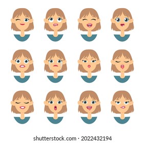 Emotional women emoji. Cartoon style illustration female emoticon. Isolated Hand drawn vector facial expression. Gestures Collection Expressing Different Emotions