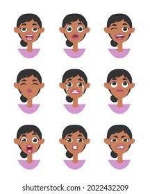 Emotional women emoji. Cartoon style illustration female emoticon. Isolated Hand drawn vector facial expression. Gestures Collection Expressing Different Emotions