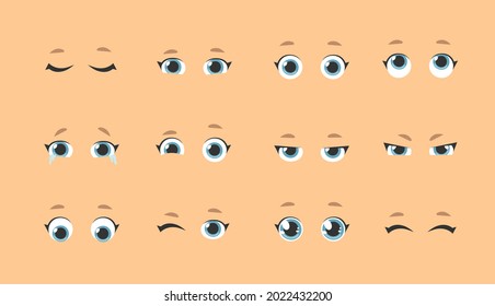 Emotional women eyes. Cartoon style illustration female looks. Isolated Hand drawn vector facial expression. Gestures Collection Expressing Different Emotions