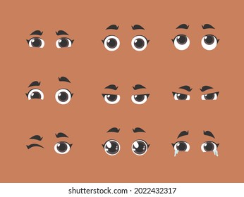 Ojos de mujeres emocional. Ilustración de dibujos animados de apariencia femenina. Expresión facial vectorial dibujada con mano aislada. Colección de gestos que expresan diferentes emociones