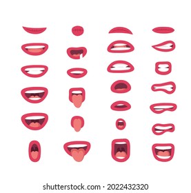 Emotional women lips. Cartoon style illustration female mouth. Isolated Hand drawn vector facial expression. Pink lipstick Gestures Collection Expressing Different Emotions