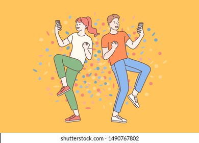 Emotional wow concept. Surprised young guy and girl blogger reading shocked news in message on mobile phone. Friends enjoy the good news in their smartphone. Simple flat vector.