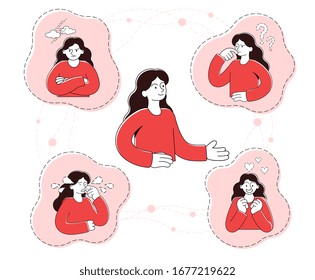 Emotional young girl surrounded by emoticons showing her angry and sulky, confused, crying and in love in shades of red, white and black, vector illustration